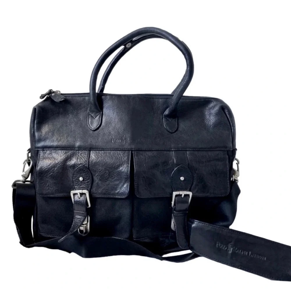 RALPH LAUREN Black Leather and Canvas Laptop Messenger Shoulder Work Bag VTG